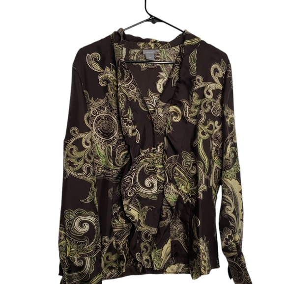 Ann Taylor Women's Paisley Silk  Blouse Brown Green Button Front Ruffle Size 16 - Picture 12 of 12